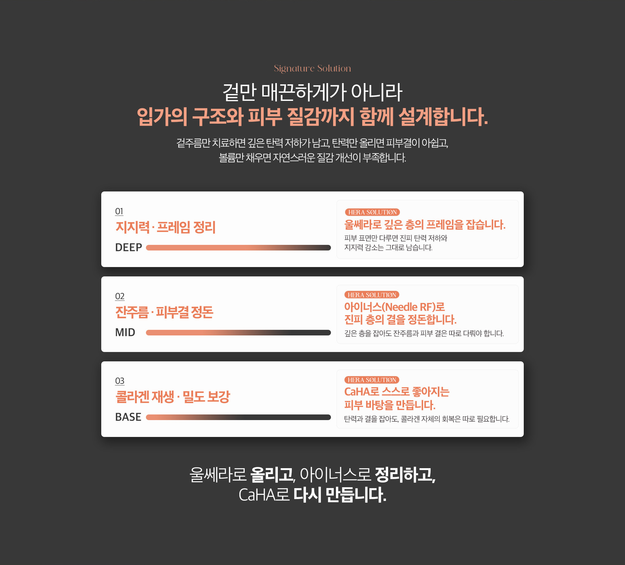 겉만 매끈하게가 아니라 입가의 구조와 피부 질감까지 함께 설계하여 울쎄라로 올리고, 아이너스로 정리하고, CaHA로 다시 만듭니다.