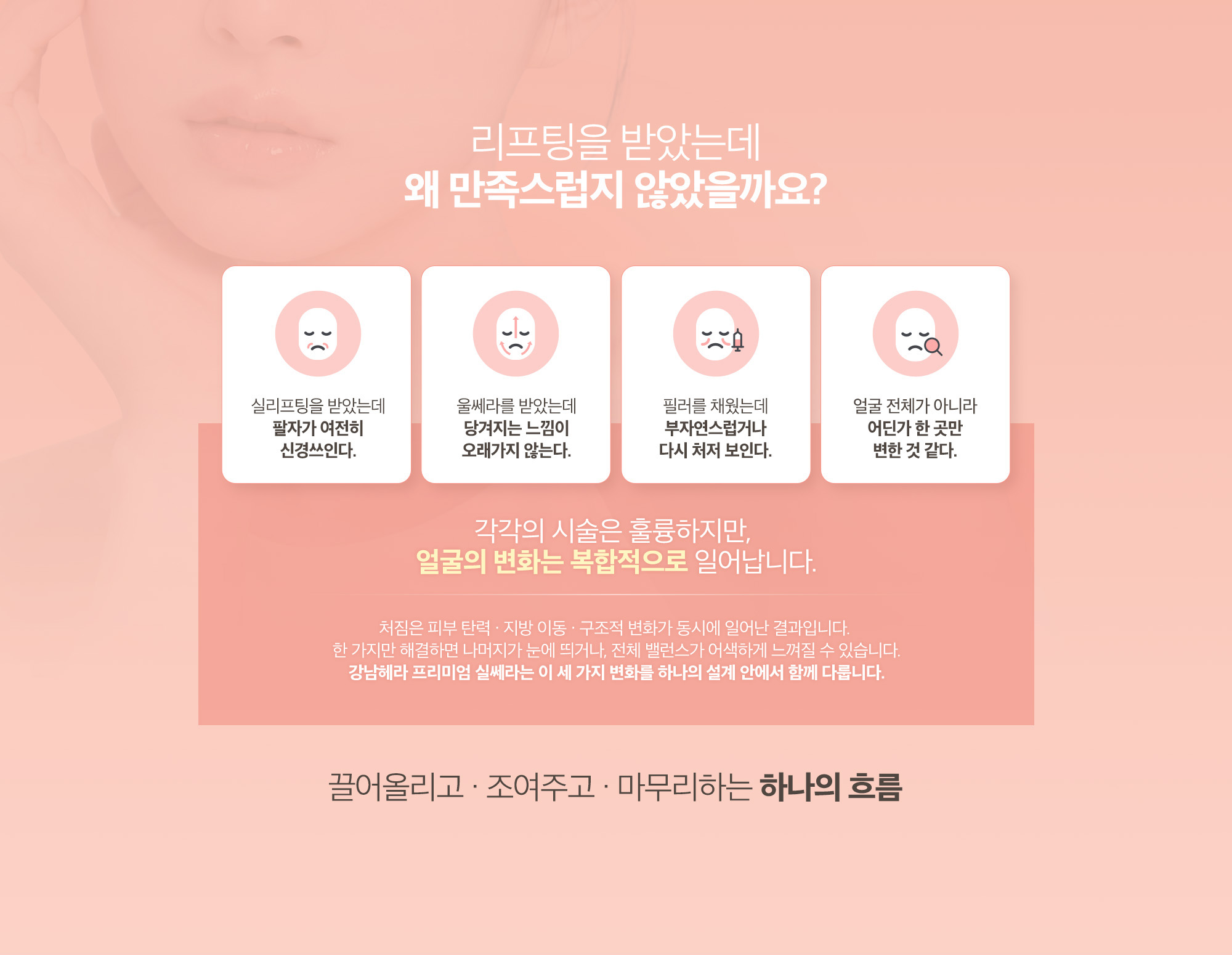 처짐은 피부 탄력 · 지방 이동 · 구조적 변화가 동시에 일어난 결과입니다. 한 가지만 해결하면 나머지가 눈에 띄거나, 전체 밸런스가 어색하게 느껴질 수 있습니다. 강남헤라 프리미엄 실쎄라는 이 세가지 변화를 하나의 설계 안에서 함께 다룹니다.